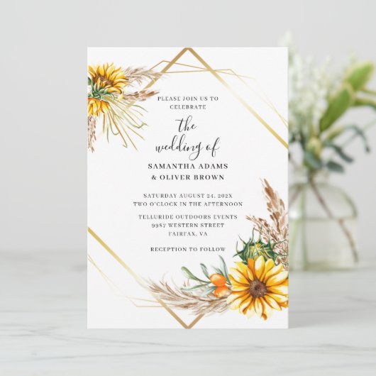 Waterverf Zonnebloem Rustieke Huwelijksuitnodiging Kaart (Staand voorkant)