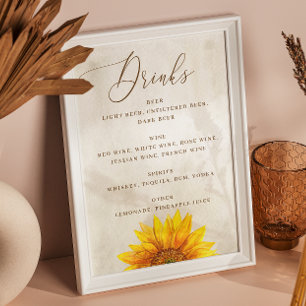 Waterverf zonnebloem Rustieke land bruiloft drinke Poster