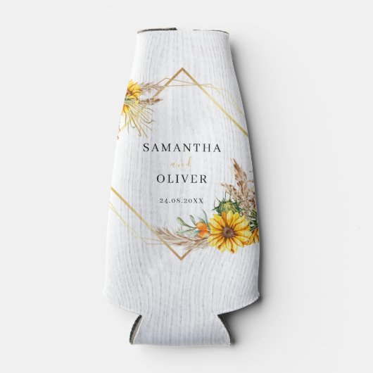 Waterverf Zonnebloem Rustieke Trouwfles Koeler (Voorkant)