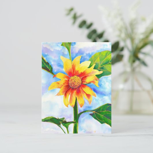 Waterverf zonnebloem schilderij geel sinaasappel b briefkaart (Staand voorkant)