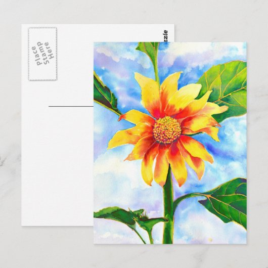 Waterverf zonnebloem schilderij geel sinaasappel b briefkaart (Voorkant / Achterkant)