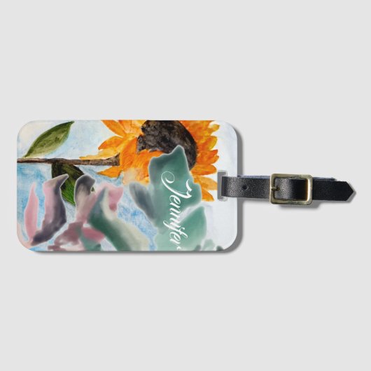 Waterverf Zonnebloem Tropische botanische verf Bagagelabel (Voorkant (horizontaal))