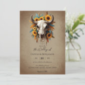 Waterverf Zonnebloem Veer Koe Schedel Wedding Kaart (Staand voorkant)