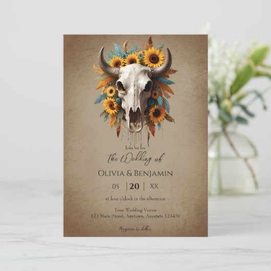 Waterverf Zonnebloem Veer Koe Schedel Wedding Kaart (Staand voorkant)