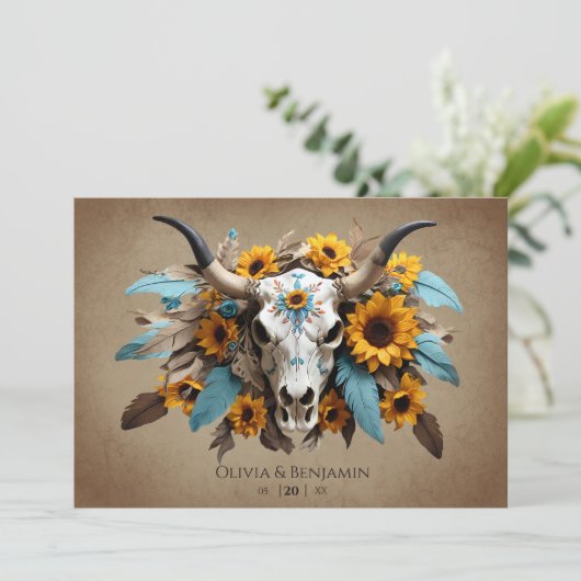 Waterverf Zonnebloem Veer Koe Schedel Wedding Kaart (Staand voorkant)