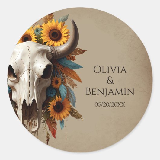 Waterverf Zonnebloem veer Koe Schedel Wedding Ronde Sticker (Voorkant)