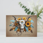 Waterverf Zonnebloem veer Koe Schedel Wedding RSVP Kaartje (Staand voorkant)