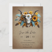 Waterverf Zonnebloem veer Koe Schedel Wedding Save The Date (Voorkant)