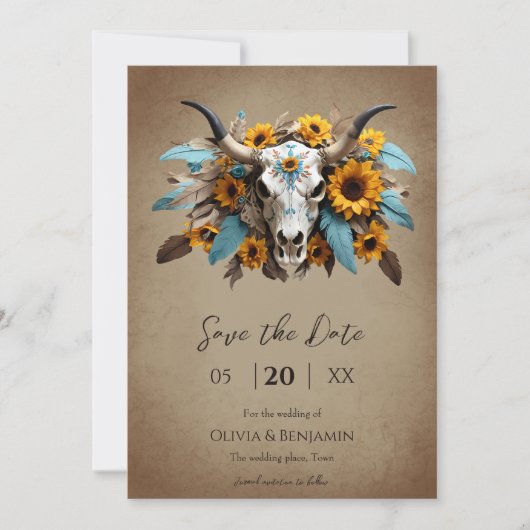 Waterverf Zonnebloem veer Koe Schedel Wedding Save The Date (Voorkant)