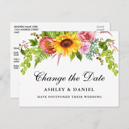 Waterverf Zonnebloem Verander de datum Briefkaart (Voorkant / Achterkant)