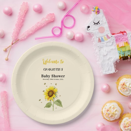 Waterverf Zonnebloem & Vlinders Baby shower Papieren Bordje (Feest)