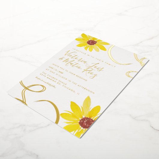Waterverf Zonnebloem Weddenschap geperst Folie Uitnodiging (Gedraaid)