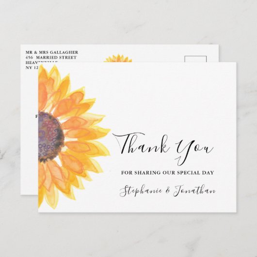 Waterverf Zonnebloem Weddenschap Hartelijk dank Briefkaart (Voorkant / Achterkant)