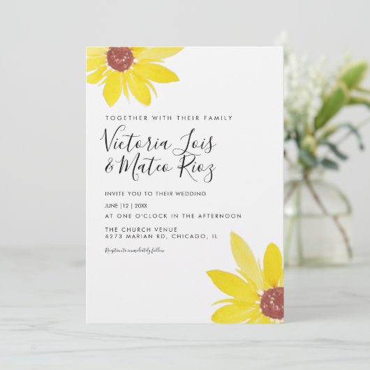 Waterverf Zonnebloem Wilde Bloem Rustic Wedding Kaart (Staand voorkant)