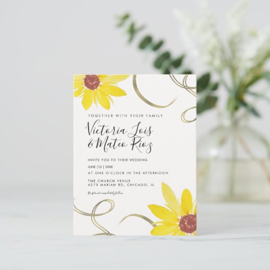 Waterverf Zonnebloem Wilde Floral Swirl Wedding Briefkaart (Staand voorkant)