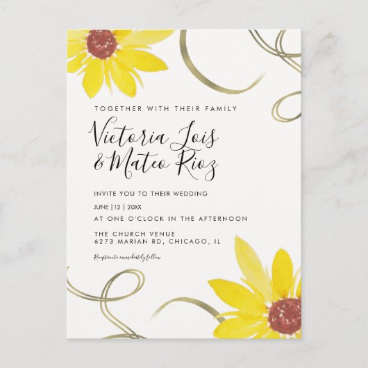Waterverf Zonnebloem Wilde Floral Swirl Wedding Briefkaart (Voorkant)
