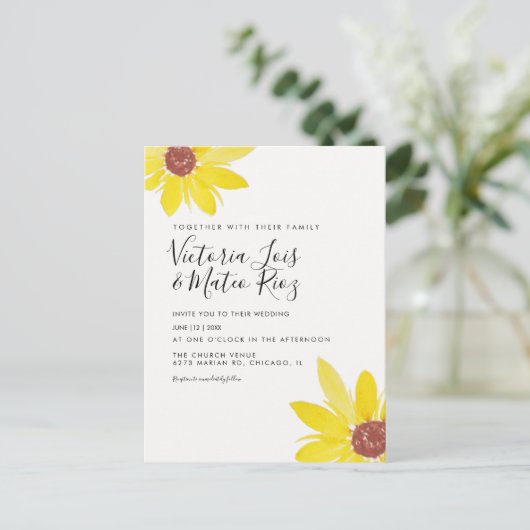 Waterverf Zonnebloem Wilde Floral Yellow Wedding Briefkaart (Staand voorkant)