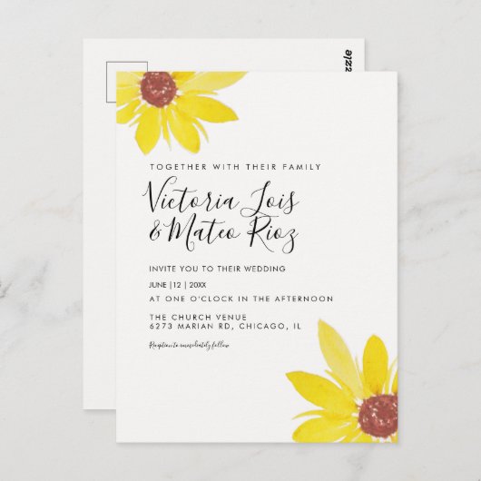 Waterverf Zonnebloem Wilde Floral Yellow Wedding Briefkaart (Voorkant / Achterkant)
