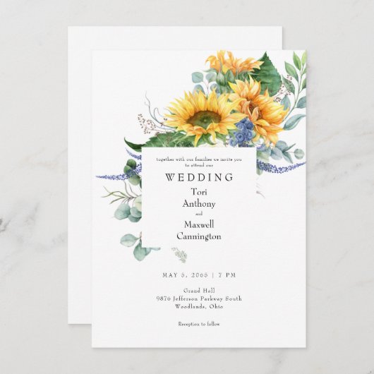 Waterverf Zonnebloem Witte Bruiloft Kaart (Voorkant / Achterkant)