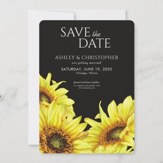 Waterverf Zonnebloem Zwart Trouwdouche Save The Date (Voorkant)