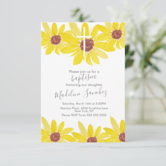 Waterverf Zonnebloemen Baptisme Handschilderd Kaart (Staand voorkant)