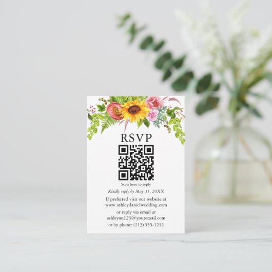 Waterverf Zonnebloemen Bindende QR RSVP Roze Informatiekaartje (Staand voorkant)