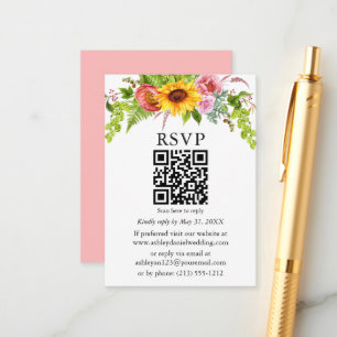 Waterverf Zonnebloemen Bindende QR RSVP Roze Informatiekaartje
