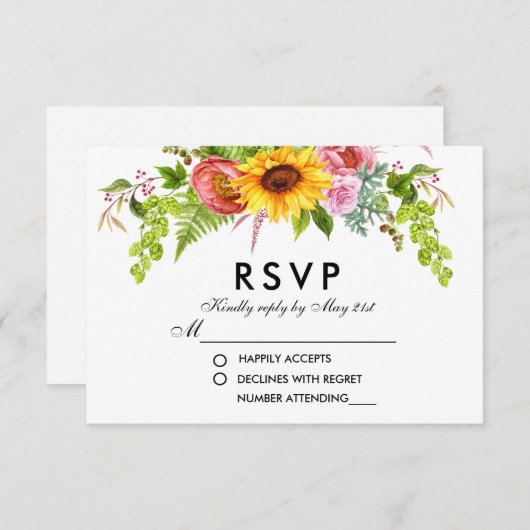 Waterverf Zonnebloemen Bindende RSVP (Voorkant / Achterkant)