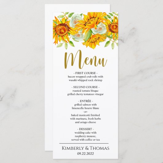 Waterverf Zonnebloemen Bindmenu Menu (Voorkant / Achterkant)