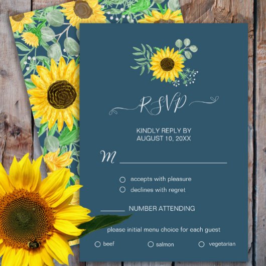 Waterverf Zonnebloemen Blauw Menu Keuze RSVP Kaart
