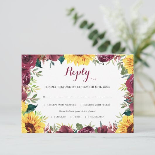 Waterverf Zonnebloemen Bloemen Bloemengrens Trouwm RSVP Kaartje (Staand voorkant)