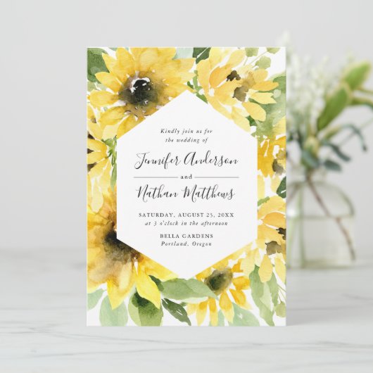 Waterverf Zonnebloemen Bloemen Lijst | Bruiloft Kaart (Staand voorkant)