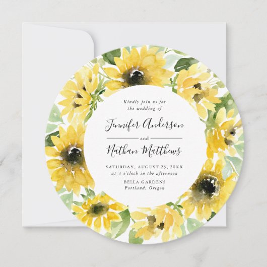 Waterverf Zonnebloemen Bloemkrans | Bruiloft Kaart (Voorkant)
