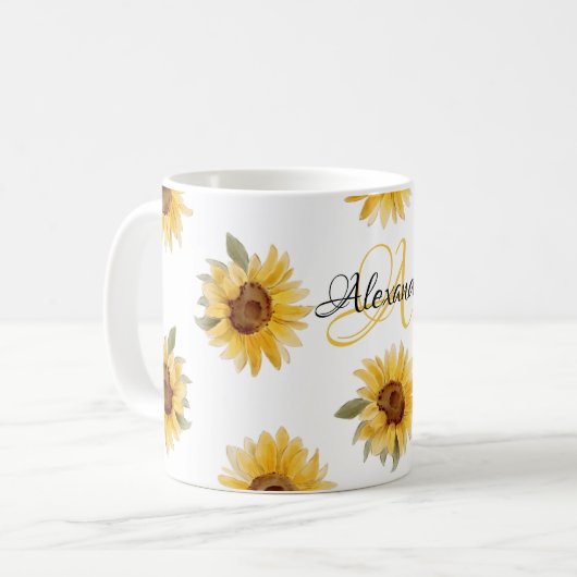 Waterverf Zonnebloemen | Bloemnaam & Monogram Mok (Voorkant links)