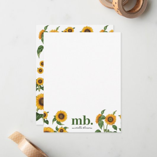 Waterverf Zonnebloemen Botanisch gebladerte groen Notitiekaartje (Voorkant / Achterkant in situ)