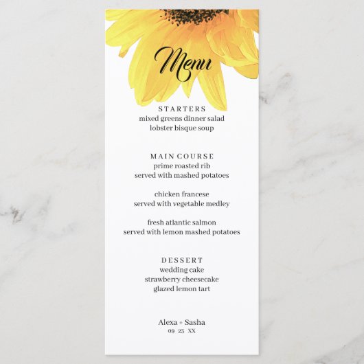 Waterverf Zonnebloemen bruiloft Menu (Voorkant)