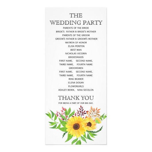 Waterverf zonnebloemen BUDGHET huwelijksprogramma Reclamekaart (Achterkant)