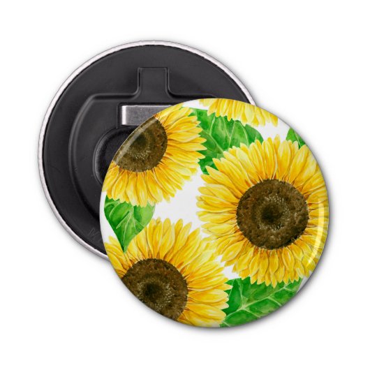 Waterverf zonnebloemen button flesopener (Voorkant)