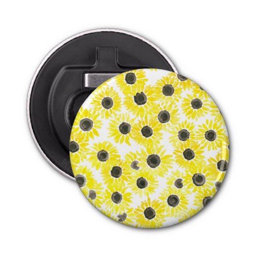 Waterverf zonnebloemen button flesopener (Voorkant)