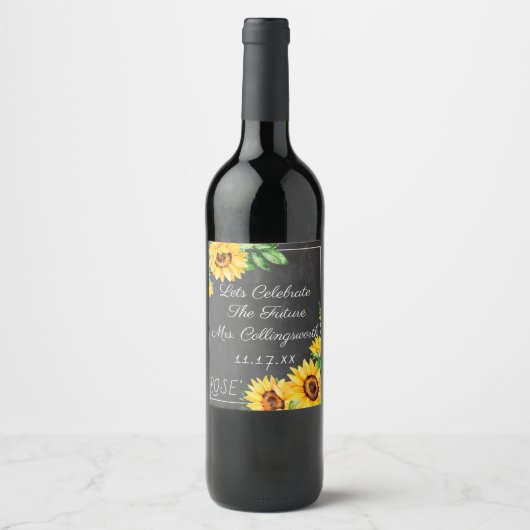 Waterverf Zonnebloemen Chalkboard Look Sparkling W Wijn Etiket (Voorkant)