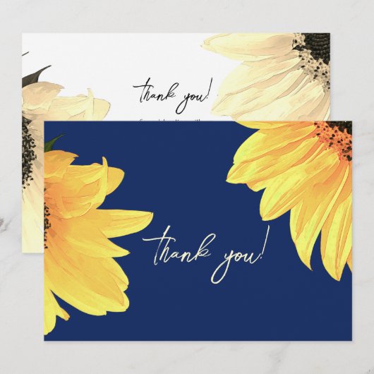 Waterverf Zonnebloemen donkerblauw Bruiloft Bedankkaart (Voorkant / Achterkant)