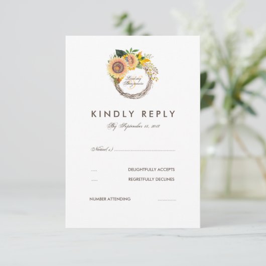 Waterverf Zonnebloemen Elegante bruiloft RSVP-kaar RSVP Kaartje (Staand voorkant)