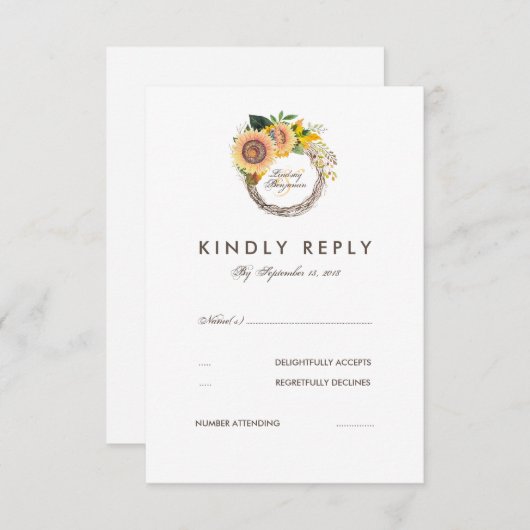 Waterverf Zonnebloemen Elegante bruiloft RSVP-kaar RSVP Kaartje (Voorkant / Achterkant)