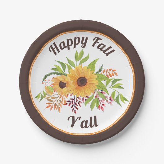 Waterverf zonnebloemen en bessen Happy herfst Y'al Papieren Bordje (Voorkant)