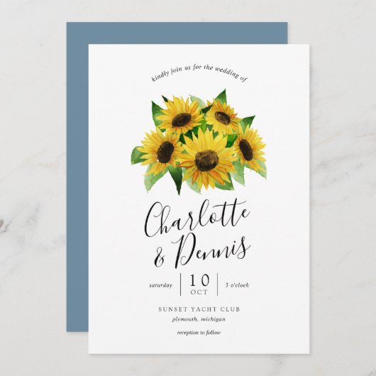waterverf zonnebloemen en blush blue bruiloft kaart (Voorkant / Achterkant)