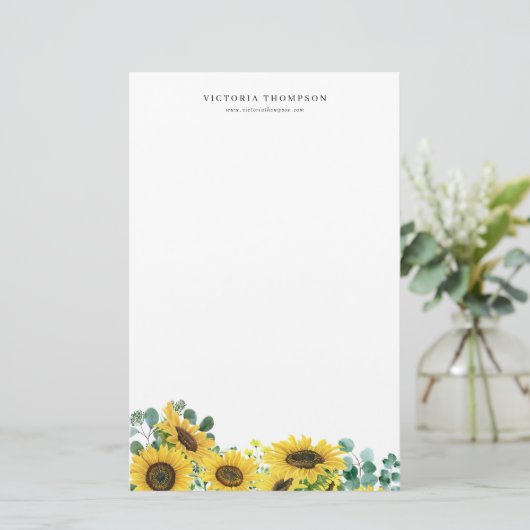 Waterverf Zonnebloemen en Eucalyptus Persoonlijk Briefpapier (Staand voorkant)