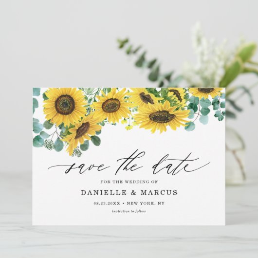 Waterverf Zonnebloemen en Eucalyptus Summer Save The Date (Staand voorkant)