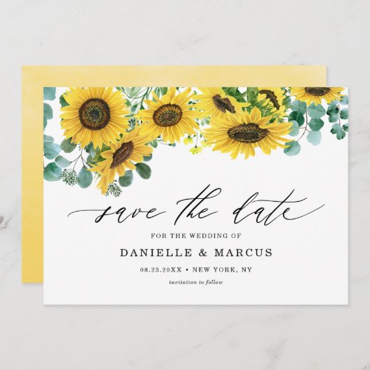 Waterverf Zonnebloemen en Eucalyptus Summer Save The Date (Voorkant / Achterkant)