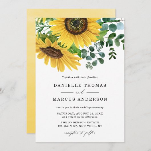 Waterverf Zonnebloemen en Eucalyptus Wedding Kaart (Voorkant / Achterkant)