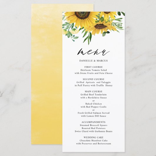 Waterverf Zonnebloemen en Eucalyptus Wedding Menu (Voorkant / Achterkant)